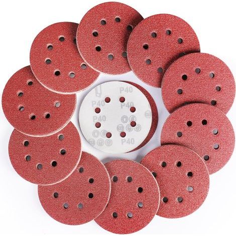 70 discos abrasivos redondos, grano 40, 125 mm, discos de lijado de 8 orificios en varios tamaños, papel de lija para lijadoras orbitales aleatorias (1/5)