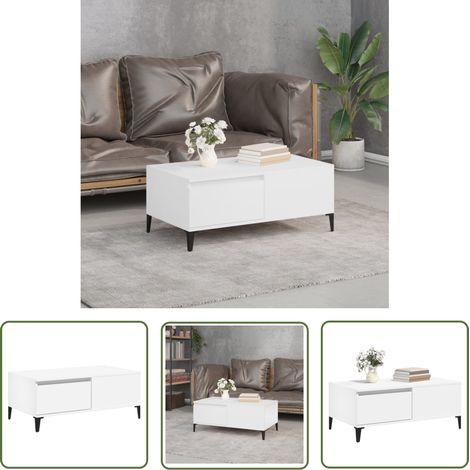 The Living Store Table basse Blanc 90x50x36,5 cm Bois d'ingénierie - Table Basse Blanche - Meuble Salon - Table D'appoint - Table De Canapé - Rangement Tiroir (1/5)