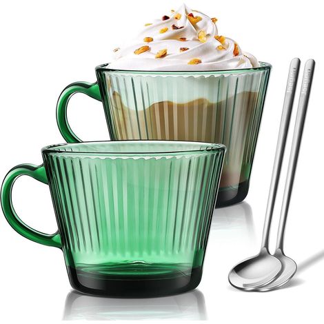 Verres à Latte Macchiato Lot de 2, Vert Nervuré, 450ml, avec cuillère, Épais, Lave-vaisselle