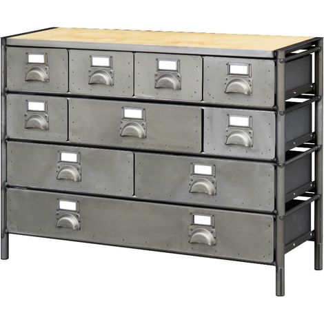 Techman - Meuble de rangement précomposé plateau acier/bois 10 tiroirs