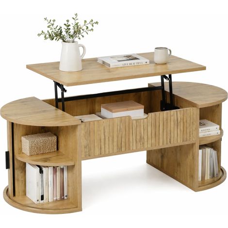 CHICFURN Mesa de centro elevable 100x50 cm MDF color roble, almacenaje oculto y estantes abiertos (1/5)