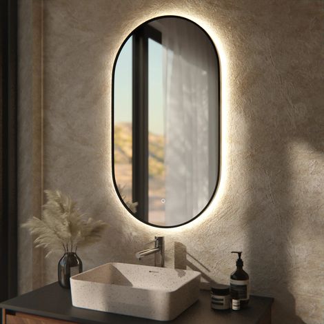 Ovaler LED-Badezimmerspiegel 90 x 50 cm mit schwarzem Rahmen – 3 dimmbare Lichtmodi – Antibeschlagfunktion – IP44 wasserdicht und Touch-Bedienung – rostbeständig (1/5)