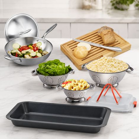 Ensemble de cuisine asiatique (4 pièces) : plaque de cuisson, planche à pain, wok en acier inoxydable et passoire. (1/5)