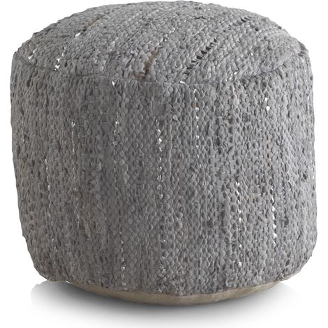 Pouf rond en cuir et coton gris, diamètre 45 cm (1/3)