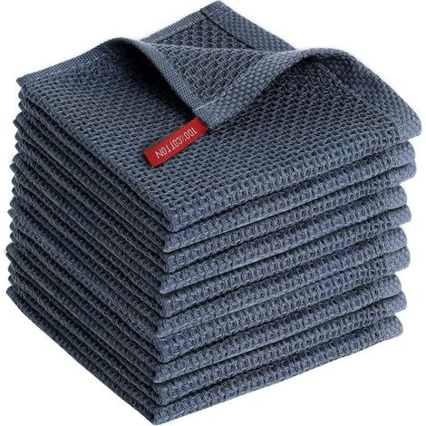 Torchons de cuisine 100 % coton, lot de 10, tissage gaufré, ultra doux, absorbants et à séchage rapide, 30 x 30 cm, gris foncé (1/5)