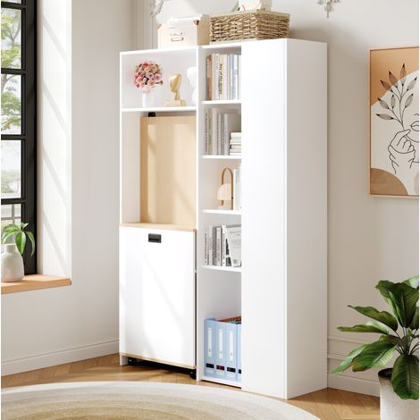 Bureau pliable avec étagères 104,5x30,5x160 cm en MDF blanc, gain de place pour bureau, FloraGrace (1/5)
