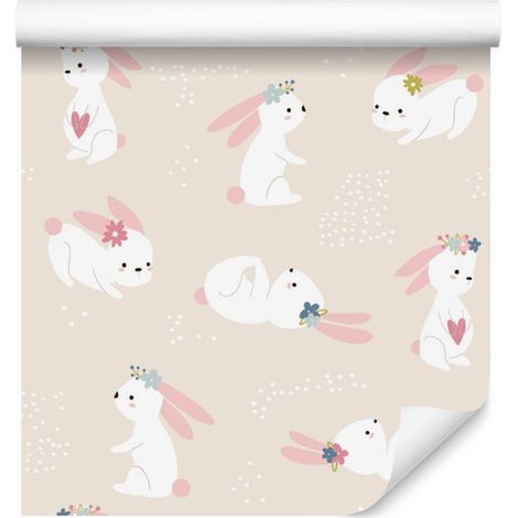 Papel pintado de conejos y corazones para salón y dormitorio, 50x1000 cm. (1/5)