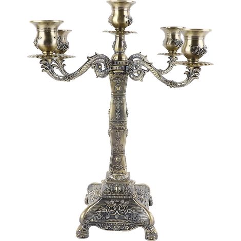Bougeoir Métal 5 Branches Style Rétro Européen, Porte-Bougie Romantique Décoration Mariage Dîner Fête, Bronze (1/5)