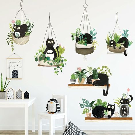 Grüne Topfpflanzen, Kaktus-Wandaufkleber, niedliche schwarze Katzen-Aufkleber, DIY-Wandaufkleber, tropische Pflanzen-Wandbilder, Natur-Blumen-Wandaufkleber, Tapeten-Dekoration (1/5)