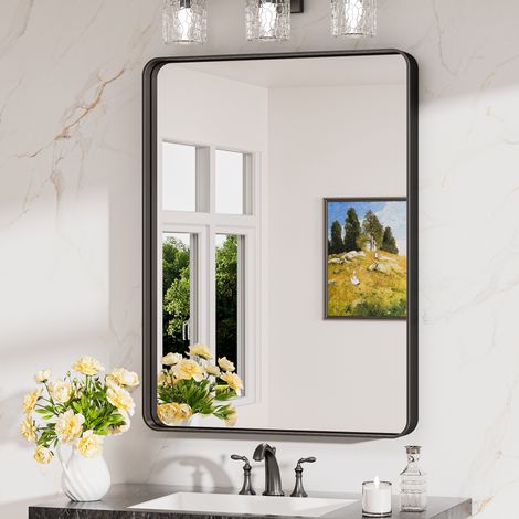 Keonjinn Badspiegel mit schwarzem Alurahmen 60x80cm, rechteckiger Wandspiegel mit abgerundeten Ecken, gehärtetes HD-Glas, klare Reflexion, modernes Design, für Badezimmer & Flur