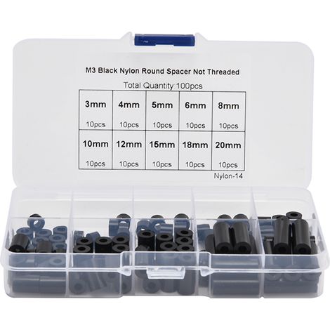 Distances d'isolation cylindriques ABS non filetées assortiment kit 100 pièces avec 10 longueurs de 3mm à 20mm pour vis M3 noir (1/5)