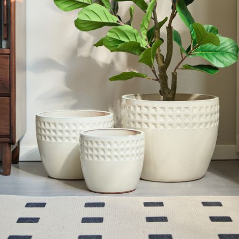 Pot de fleurs en céramique blanc ancien brillant avec trou de drainage, intérieur/extérieur (1/5)