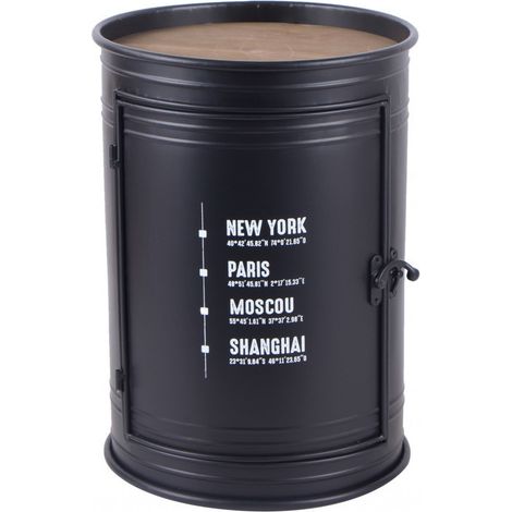 Bar bidon 1 porte en métal noir et bois clair – D 33.5 cm x H 46.5 cm – Meuble bar design moderne – Livré monté – Wadiga