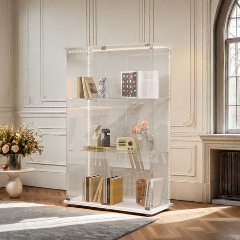 Vitrine en verre éclairée par LED réglable avec 3 étagères - Blanc - 78.5 x 35 x 123.3 cm - Pour exposer des figurines - Salon/bureau