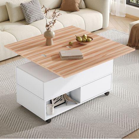 Mesa de centro elevable 100 x 50 x 52 cm con 4 ruedas, 4 cajones, blanco y madera HAVRYA (1/5)