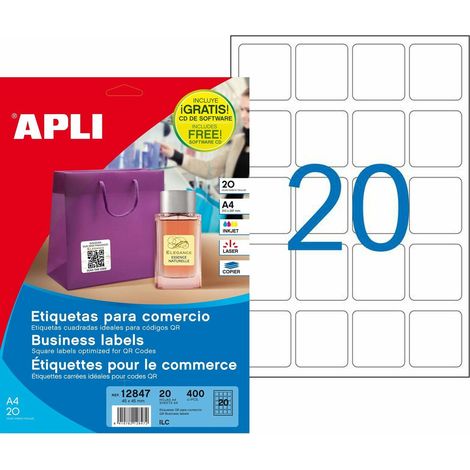 Etiquetas blancas cantos romos tamaño 45,0 x 45,0 mm con adhesivo permanente. Pack con 20 hojas (400 etiquetas). Etiquetas especiales para comercio e (1/2)