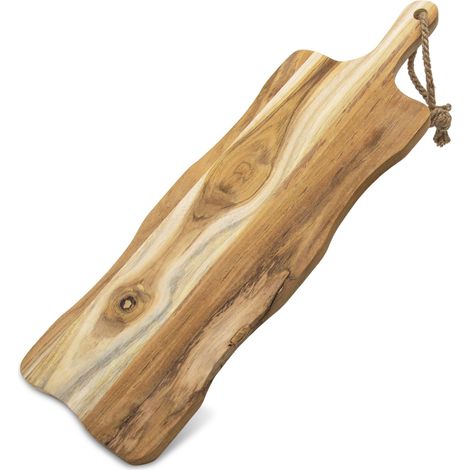 Teakholz Servierplatte natur lebensmittelecht - 58x20 cm - Massivholz Servierbrett rechteckig mit Griff – Holz Küchenbrett Wurstplatte