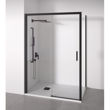 Mampara de ducha angular 1 corredera + 2 fijos - sin perfilería inferior - Cristal transparente templado 6mm - Plata brillo - Ancho adaptable 155-160 x 87-90cm - Posición puerta derecha - Alto 195cm