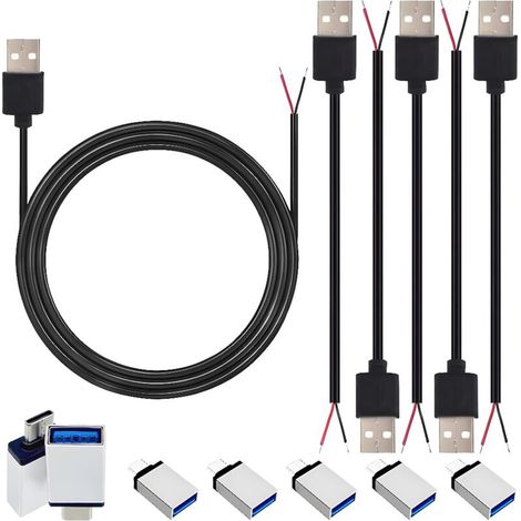 Câble d'alimentation USB 2 conducteurs, câble mâle nu USB 2.0 1 m/3 pi et kit 5 adaptateurs, câble d'alimentation à extrémité ouverte en queue 24 AWG pour le chargement l'appareil uniquement (1/5)