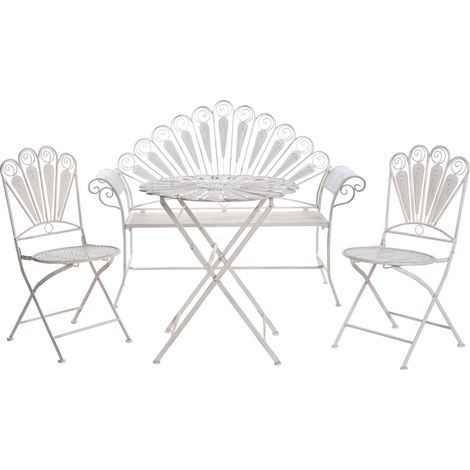 Ensemble Bistrot de Jardin en Métal Table Chaises et Banc Motif Paon Effet Vieilli Blanc Cassé Pavia
