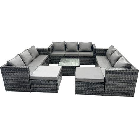 Fimous Outdoor Rattan Garden Furniture Set 11 Seater Patio Lounge Sofa Set with Square Coffee Table 2 Big Footstools Dark Grey Mixed (1/5)