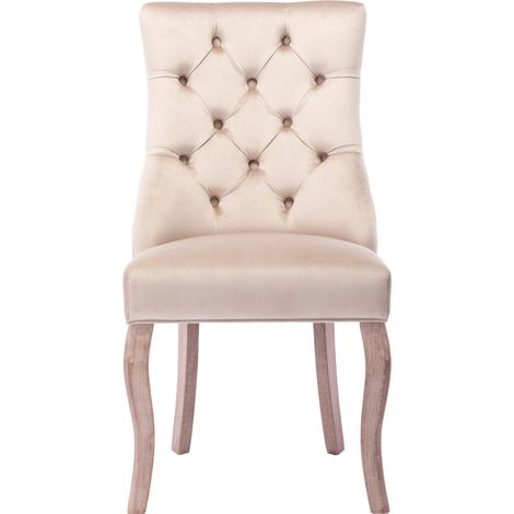 Silla de comedor de terciopelo beige con respaldo alto y capitoné, estructura de madera, pack de 6 (1/5)
