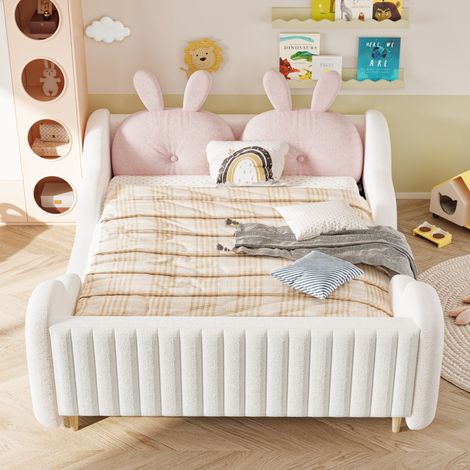 Lit - Barrières - 140x200 cm - Blanc, Coussins Oreilles de Lapin - Tissu teddy, Velours, Teddy (1/5)