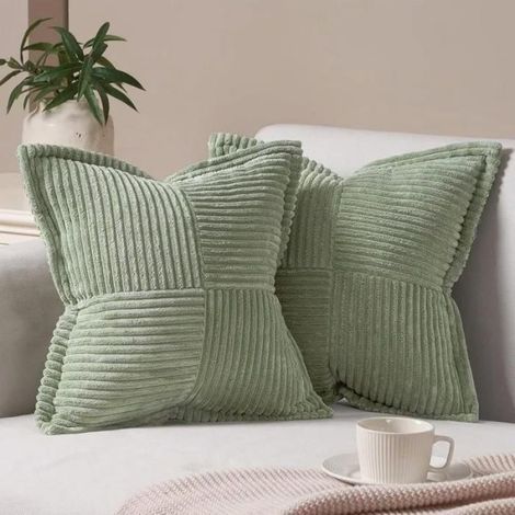 Lot de 2 Housses de Coussin 45x45 cm, Velours Côtelé Vert Clair, Douces, Fermeture Éclair, Sans Garnissage (1/5)