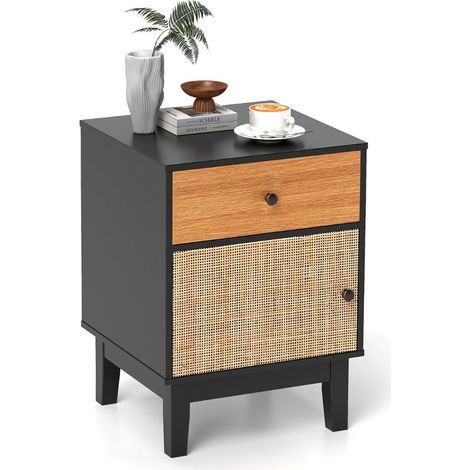 Comodino in rattan 40 x 39 x 55 cm con pratico cassetto e spazioso mobiletto stile bohémien chic in legno nero e marrone 200013950