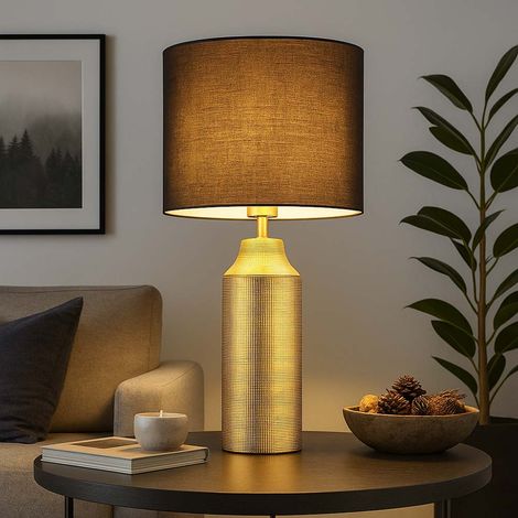 Tischleuchte Keramik gold Beistellleuchte Textilschirm schwarz Tischlampe Wohnzimmer Modern, E27 Fassung, DxH 30,5x61 cm