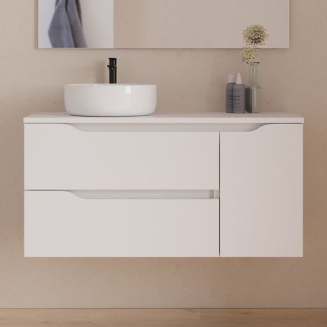 Meuble de salle de bain 100cm avec plateau et vasque à poser déportée à gauche Ares - sans miroir - 2 tiroirs et un placard - blanc - ZARZA