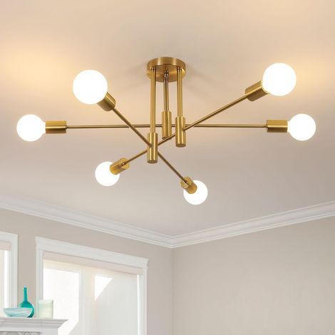 Lustre Industriel 6 Lumières - Suspension Métal Doré - Bras Orientables 180° - Pour Salon Cuisine Chambre - Dimension 71x71x32 cm (1/5)