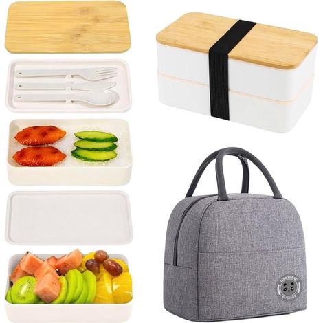 Bento Lunch Box 2 Couches Boite Repas Compartiment 1200 ml Lunchbox Hermétique avec Couverts Kit et Sac Isotherme Repas Boite Bento pour Adultes Enfants Pique-Niques Travail L'école (Blanc)