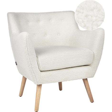 Sillón tapizado bouclé blanco con respaldo abotonado patas de madera Drammen (1/5)