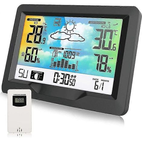 Station météo sans fil, station météo radio avec capteur extérieur, station météo radio multifonction avec hygromètre, baromètre, mesure de l'humidité et des conditions météorologiques. (1/5)