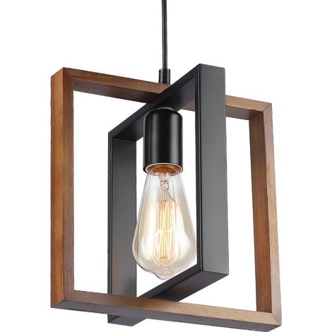 Ceiling Light, Wood and Black Metal Design, Adjustable E27 Base, For Living Room, Kitchen, Dining Room (1/5)
