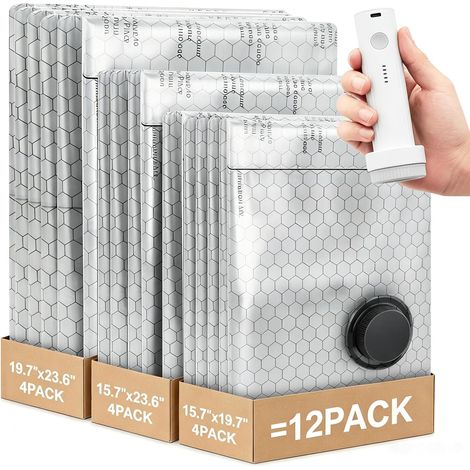 12 Sac Sous Vide Vêtement Aspirateur avec Pompe Électrique Sans Fil Rechargeable, 12Pack (4L, 4M, 4S), Sac de Rangement Sous Vide pour Vêtements, Valises et Voyage, Sac Compression Voyage (1/5)