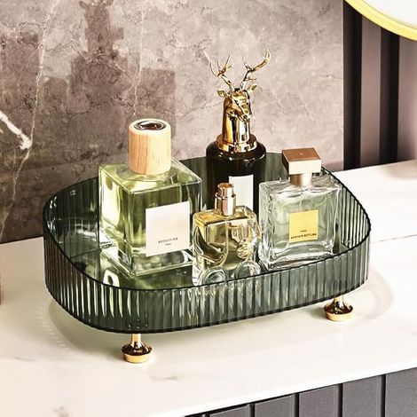Organisateur de maquillage et parfums, plateau de coiffeuse, organisateur de cosmétiques et soins de la peau, plateau de rangement pour plan de travail de salle de bain ou de coiffeuse, couleur verte (1/4)