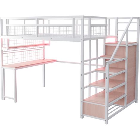 CAIziLit mezzanine en métal 140 x 200 cm avec échelle de rangement et armoire simple, avec étagère, table et casier grillagé, avec bande lumineuse et prise, blanc, ancienne (1/5)