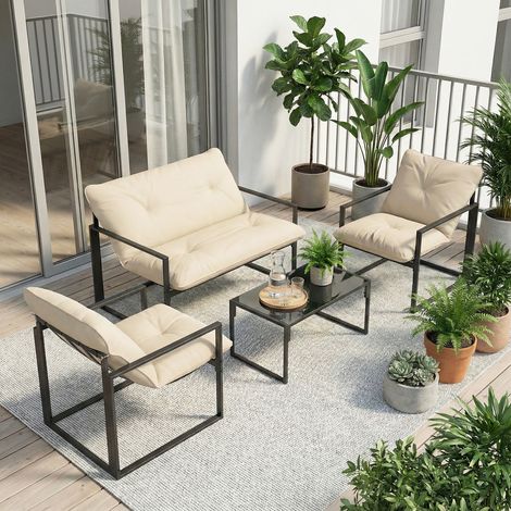 Ensemble de mobilier de jardin. 1 table en verre. 2 fauteuils. 1 canapé. résistant aux intempéries. 114 cm x 70 cm x 67 cm. gris et beige (1/5)