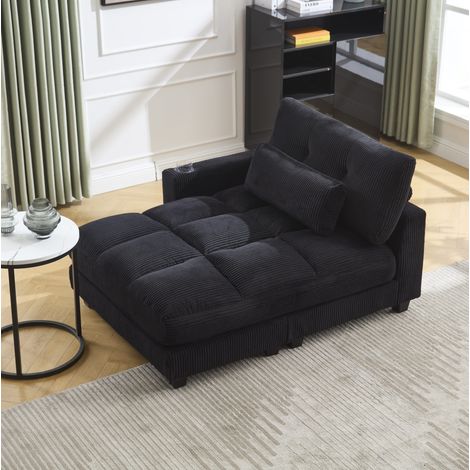 Sofá sillón moderno, tapizado de pana, con posabrazos intercambiables, portavasos, bolsillos laterales, negro (1/5)