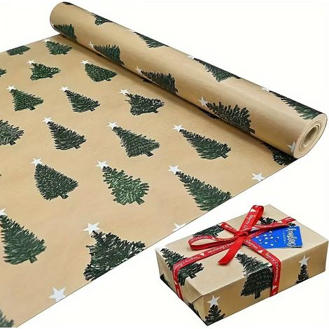 Papier cadeau de Noël (43 cm de large x 3 m de long), grand format, papier kraft écologique.