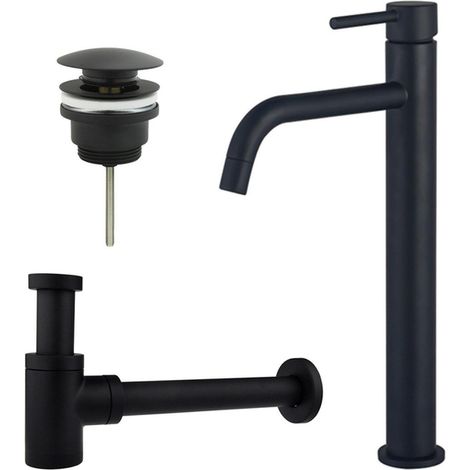FugaFlow Eccelente Sobrado Slim Slim Kit mitigeur lavabo - robinet rehaussé - bonde clic clac - siphon design bas - Noir mat (1/4)