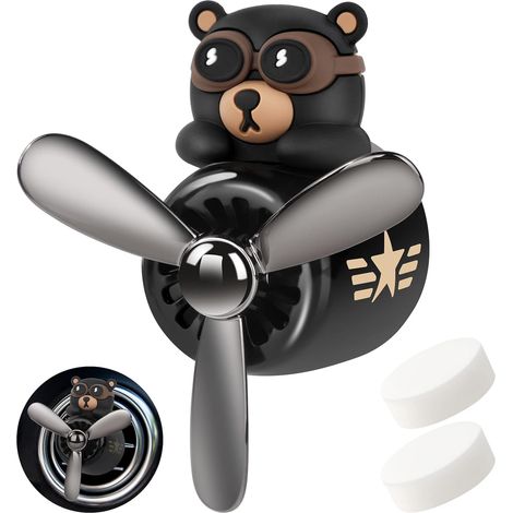 Désodorisant en Forme de Cartoon Bear Pilote Air Ventilateur, en Acrylonitrile butadiène styrène (ABS), Accessoires de Voiture D'ornement Ferrinisseur D'air Automobile, Noir (1/4)