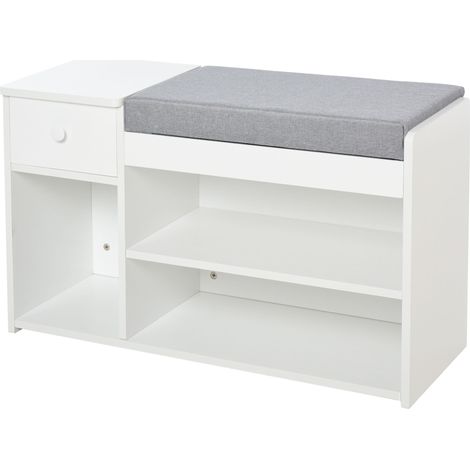 Panca Scarpiera con Cuscino, Cassetto e 3 Vani Aperti in Legno, 81x31.5x49cm, Bianco