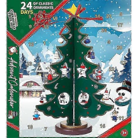 Calendrier de l'Avent de 24 jours avec sapin de Noël en bois à poser et 24 décorations : bonhomme de neige et Père Noël. (1/4)