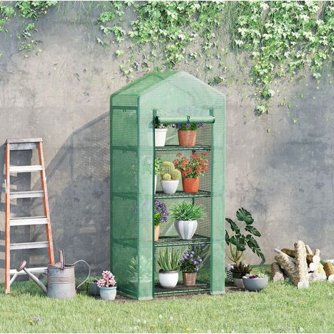 Mini serra 70x50x160 cm con 4 ripiani, porta arrotolabile, struttura in acciaio, verde scuro (1/5)