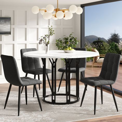 DESMIU Table de salle à manger ronde 4 personnes avec pieds réglables, plateau effet marbre, métal noir, Ø 100 × 74 cm (1/5)