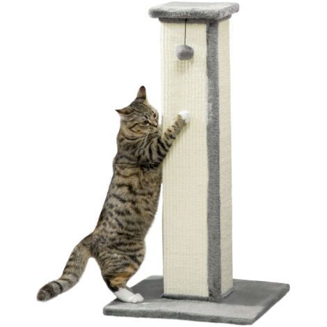 Griffoir pour chat poteau griffoir chat en sisal et peluche, boule suspendue base stable 41 x 41 x 81 cm gris et crème (1/5)