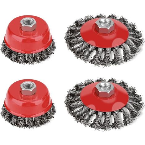 Ensemble de 4 brosses métalliques pour meuleuse – 2 brosses de 75 mm et 2 de 105 mm – Fil d'acier épais – Filetage M14 pour machines rotatives (1/5)